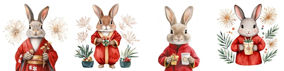 Obraz premium Four whimsical rabbits in festive attire hold gifts, surrounded by plants, creating a charming holiday-themed illustration with a cheerful atmosphere.