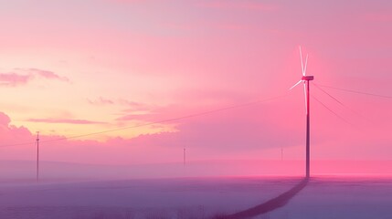 Obraz premium A single wind turbine stands tall against a vibrant pink sunset sky with a hazy field in the foreground.