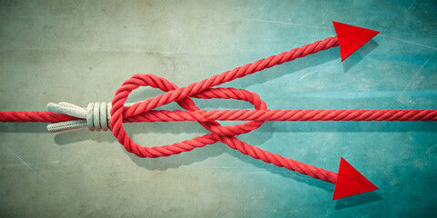 A red arrow intertwined with gray ropes on a gradient background, symbolizing direction, movement, and connection, highlighting a fusion of design and functionality.