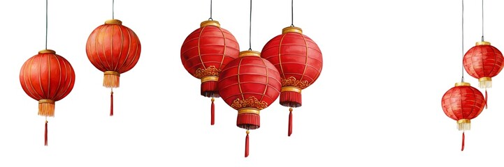 Obraz premium Bright red Chinese lanterns hang gracefully, symbolizing celebration and good fortune in festivals and cultural events.