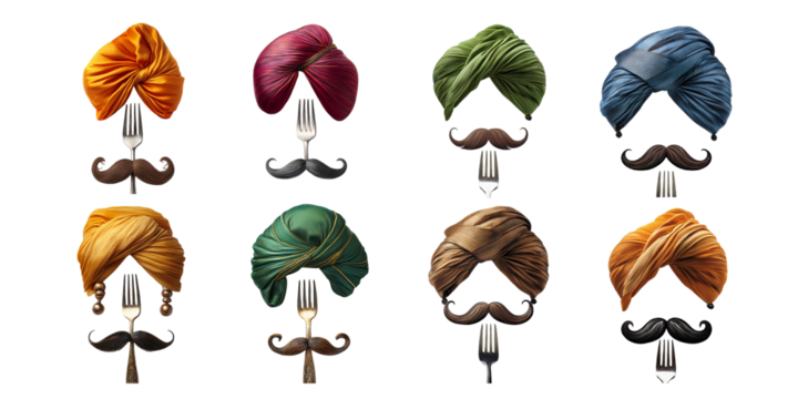 Colorful Turbans with Mustaches and Forks Art Design, PNG collection, set bundle, isolate on transparent or white background