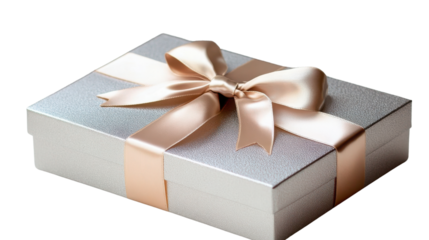 Elegant silver gift box with a soft beige ribbon, perfect for celebrations, holidays, or special occasions on a white background. PNG transparent.