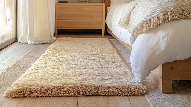 Stylish runner rug enhancing bedroom decor, providing texture and warmth, elegantly positioned beside the bed, complementing the overall interior design.