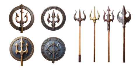 Detailed Collection of Ancient Trident and Shield Designs, PNG collection, set bundle, isolate on transparent or white background