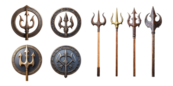 Detailed Collection of Ancient Trident and Shield Designs, PNG collection, set bundle, isolate on transparent or white background
