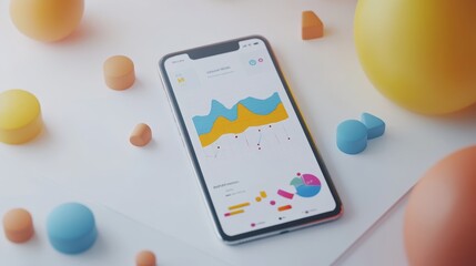 A smartphone displaying graphs and charts on a white background with colorful shapes.
