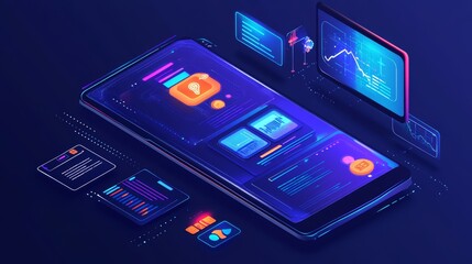 A smartphone with a bright screen displaying various elements, including an orange light bulb icon, a data chart, and a blue coin, symbolizing the concept of digital innovation