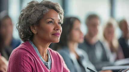 Fototapeta premium A classroom setting with adults actively participating in a course, listening to the instructor and taking notes
