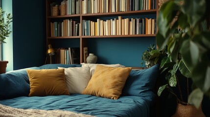 Chic Wall-Mounted Bookshelf in Cozy Bedroom, stylish storage solution, adorned with books and decor, enhancing the inviting atmosphere of the space