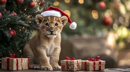 44. A festive lion cub with a tiny Santa hat, sitting by a decorated Christmas tree with gift boxes