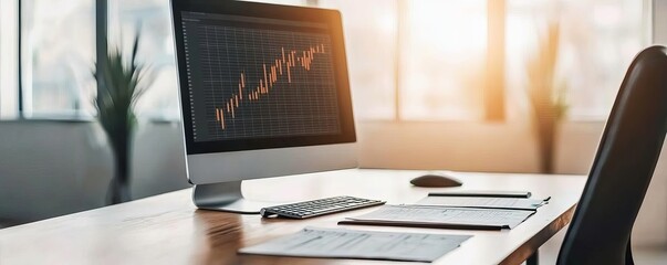 Business in recession mode, empty office desk with financial documents, computer screen showing negative charts, smooth lighting, balanced colors, simple composition