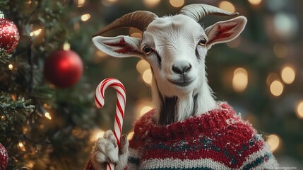 49. A playful goat with a holiday sweater, happily munching on a candy cane beside a decorated tree