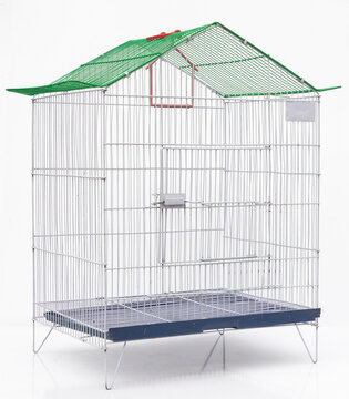 Metal cage for birds on white isolated background with copy space.