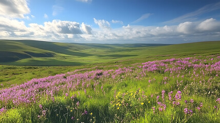 Obraz premium A breathtaking image of the Irish countryside in spring, with vibrant green rolling hills dotted with wildflowers under a bright blue sky, capturing the fresh, lively atmosphere of the season.