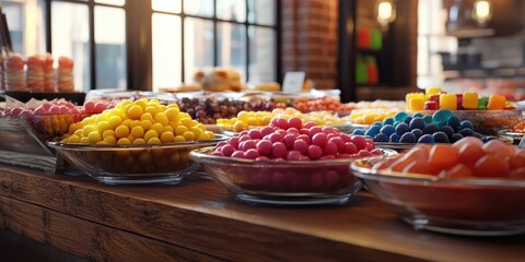 Fototapeta premium Containers filled with vibrant, colorful candies are placed atop a wooden table, showcasing a delightful array of sweet treats in a charming setting.