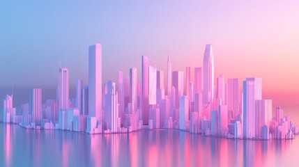 Obraz premium A stylized cityscape with a pink and blue gradient sky, reflecting in the water.