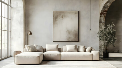  Minimalist Contemporary Living Room with Neutral Tones, Soft Beige Sofa, and Abstract Art Pieces for a Modern, Airy Feel
