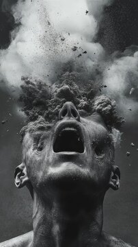 Man screaming with exploding head and dust cloud
