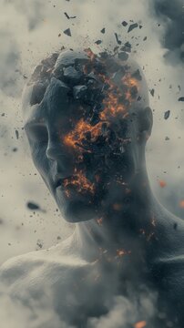 Human head exploding into pieces with fire and smoke