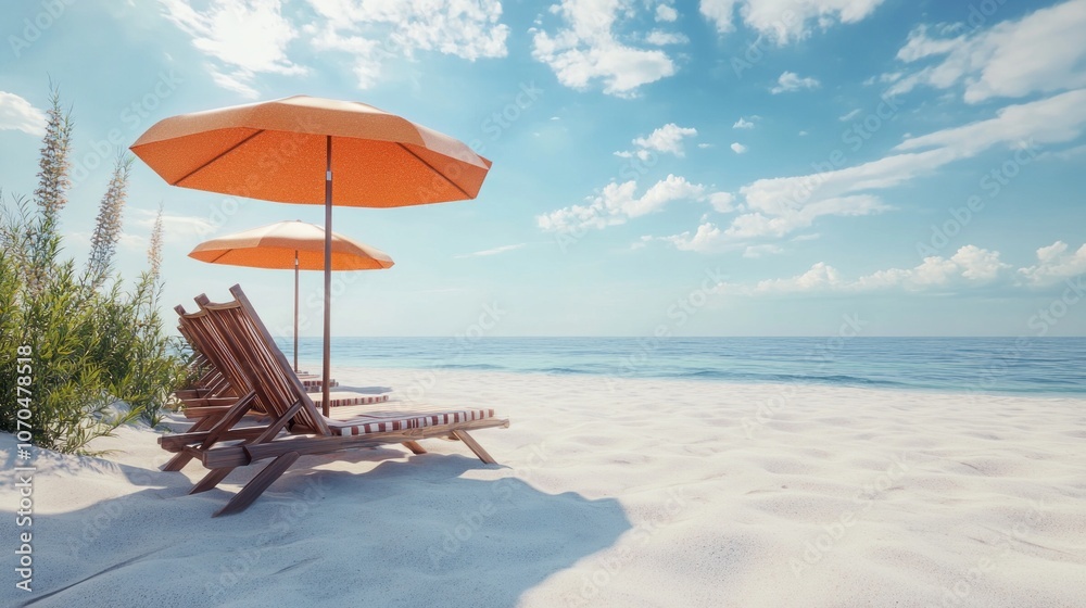 Poster a beach scene with two beach chairs and two umbrellas