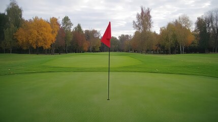 Autumn Golf Course with Red Flag and Green Grass