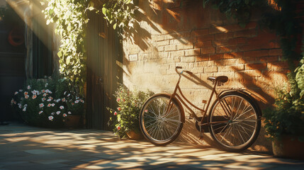 A vintage bicycle parked against a rustic brick wall with sunlight casting long shadows, surrounded by greenery and flowers on a quiet street