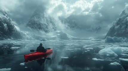 Fototapeta premium Kayaker exploring icy waters of antarctica with dramatic snowy mountains