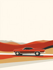 A classic car is driving down a road in the desert. The desert landscape is barren and desolate, with no other cars or people in sight.
