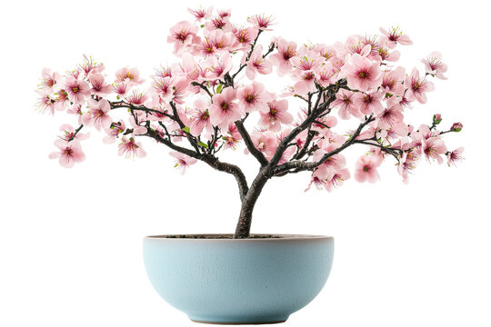 beautiful cherry blossom bonsai tree in light blue pot, showcasing delicate pink flowers and intricate branches, perfect for home decor or gardening enthusiasts