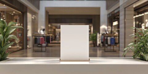 A blank trifold brochure mockup is placed on a fashion display counter within a retail store located inside an indoor shopping mall.