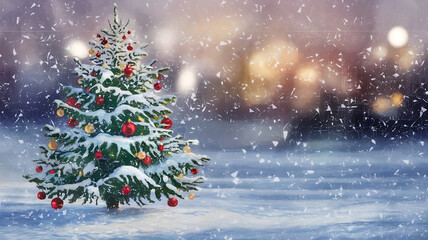 Christmas tree with snow outside house, snowfall,Christmas tree copy space background