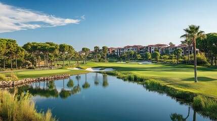 Obraz premium Scenic Golf Course with Water Reflection and Palms