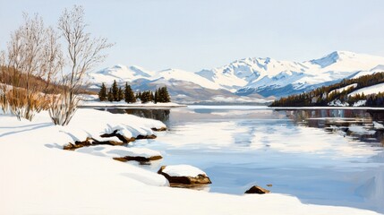 Snowy mountains reflect on a tranquil lake under a clear sky.