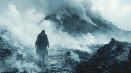 A solitary figure walks through a foggy, volcanic landscape.