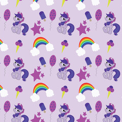 Pattern with a pony in a hat. Rainbow and ice cream in a pattern on a purple background. Wrapping paper
