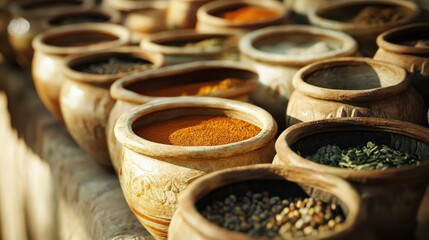 Arabic spices displayed in clay pots in a Dubai market. Copy space