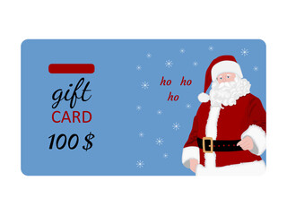 Christmas gift card for $100. Santa Claus in a red jacket and red hat. White snowflakes and text on blue background. Vector illustration. Certificate for the purchase of goods and cosmetics. Voucher.