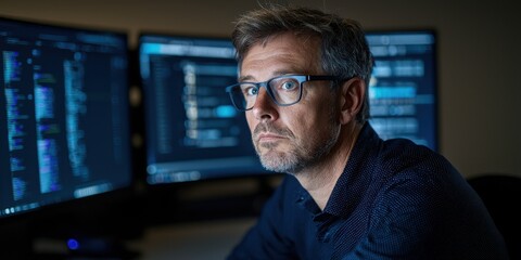 A focused individual wearing glasses sits in front of multiple monitors, immersed in programming or data analysis in a dimly lit environment.