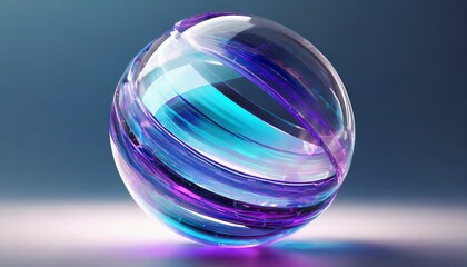 Abstract transparent glass sphere with blue and purple lines on white background, 3d rendering illustration of futuristic abstract shape with holographic element 
