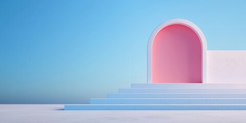 A minimalistic architectural scene featuring an arched doorway with a light pink hue, surrounded by soft blue steps against a clear sky.