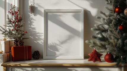 Hyper-realistic full-body view of a white 3:4 frame with white canvas on dresser adorned with Christmas decorations in sunlight, featuring festive and vibrant colors.