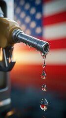 Fuel nozzle dripping gasoline with united states flag in background