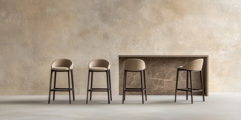 A minimalist setting featuring four stylish bar stools against a textured, neutral-toned wall, emphasizing modern interior design.