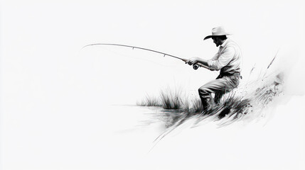 Pencil sketch outline of a fisherman in a stream making a cast