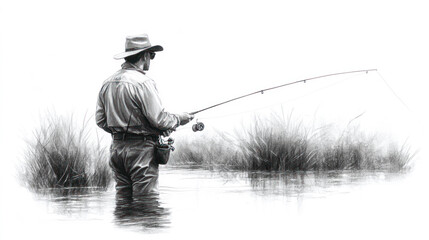 Pencil sketch outline of a fisherman in a stream making a cast