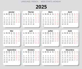 2025 FRENCH calendar. Vector illustration, France. 12 months year calendrier