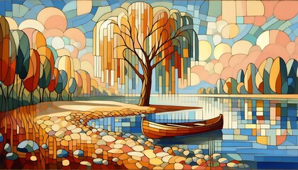 A tranquil lakeside scene using peach, tan, and blue colors in a cubist painting style.