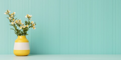 A yellow striped vase holds fresh flowers against a mint green wall, creating a vibrant and cheerful décor. © Kamonwan