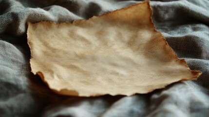 A piece of aged parchment resting on a textured fabric surface.