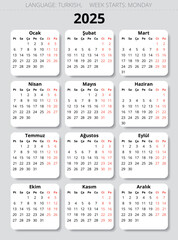 2025 year turkish business calendar. Vector printable illustration for Turkey